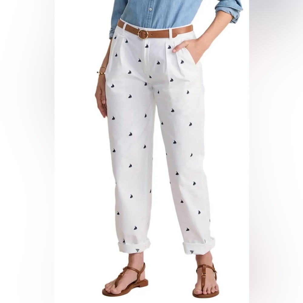 Vineyard Vines White Cotton Women’s Chino Pants nautical sailboat Embroidery